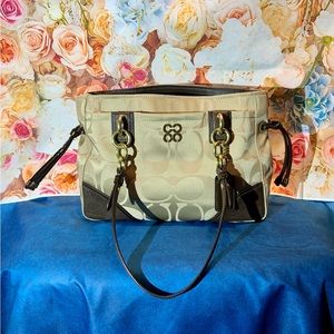 Coach Tote, Gold logo fabric with leather accents